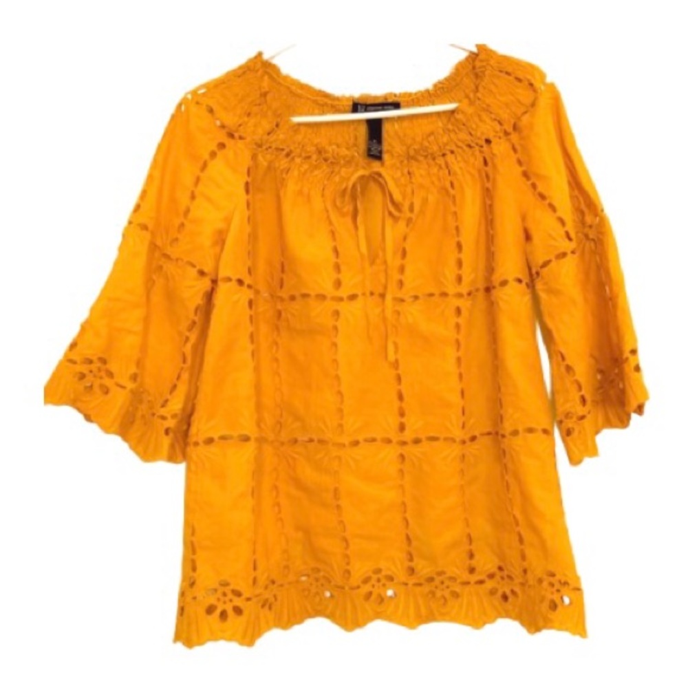 International Concepts Mustard Long Sleeve Eyelet Cutout Blouse - Size 6P - Picture 2 of 6